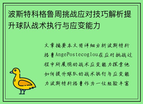 波斯特科格鲁周挑战应对技巧解析提升球队战术执行与应变能力